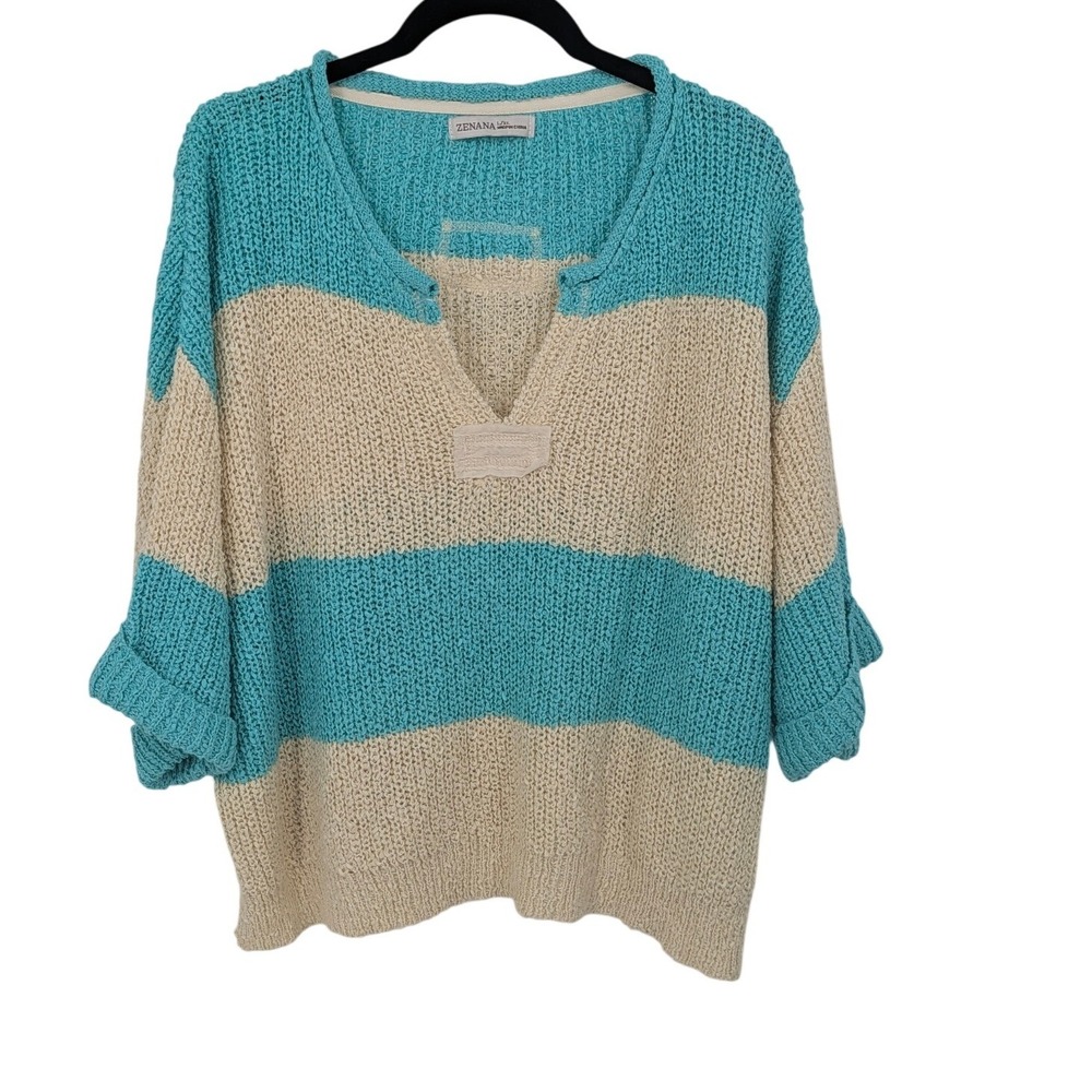 Zenana Sweater Women L/XL Teal Beige Striped Open Knit V-Neck Oversize Fall